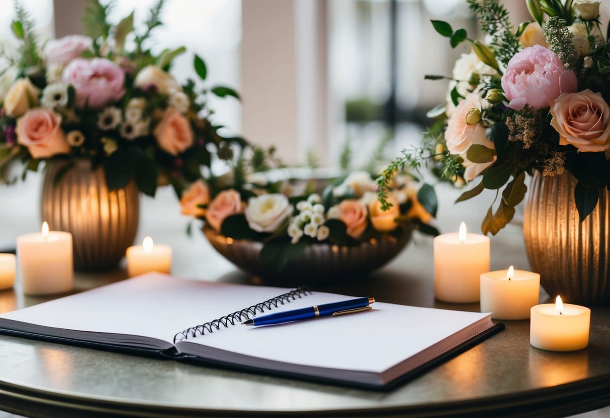 A decorative table with a pen and blank pages, surrounded by floral arrangements and candles, serving as a guest book alternative at a wedding