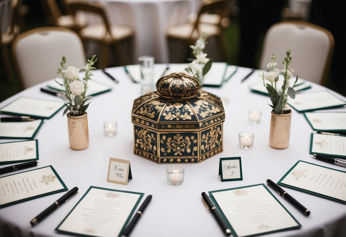 A table adorned with a decorative box and small cards, surrounded by pens and well-wishes from guests
