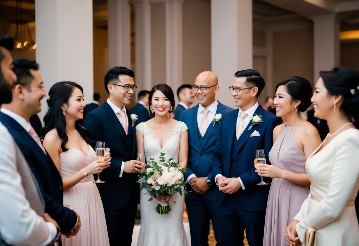 A group of elegantly dressed figures stand together, smiling and chatting at a wedding reception