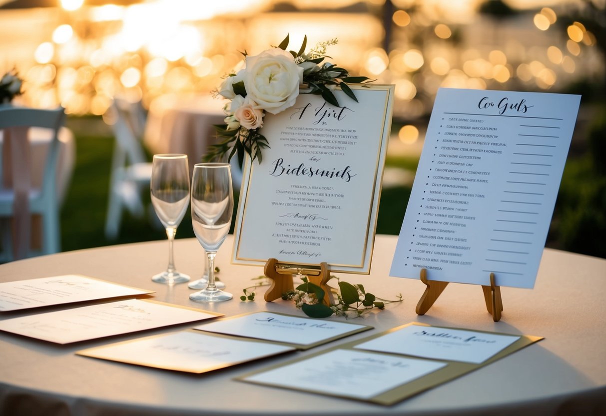 A table decorated with wedding invitations and a list of potential guests, including a separate section for bridesmaids