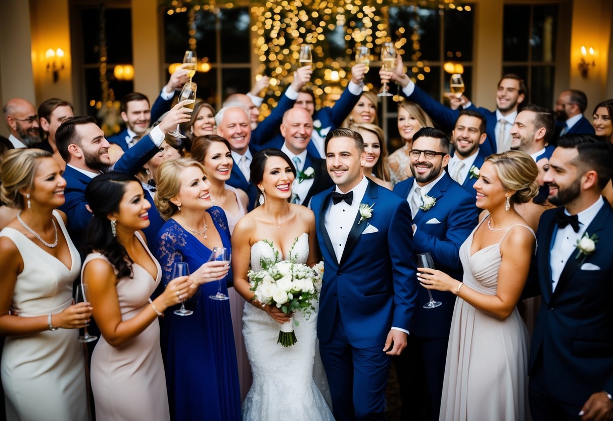 A group of elegantly dressed figures gather in a festive setting, celebrating a wedding event