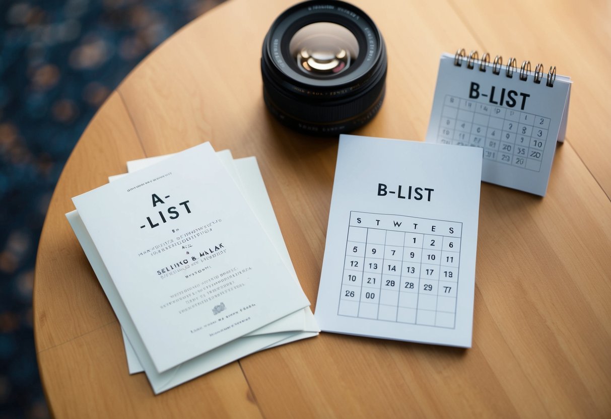 A table with two sets of wedding invitations, one labeled "A-List" and the other "B-List," along with a calendar showing the date for sending the B-List invitations