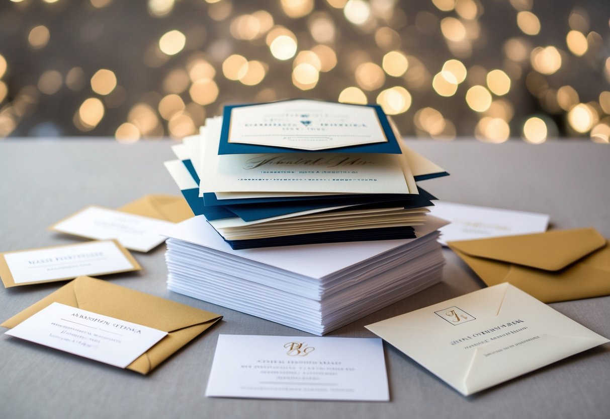 A stack of wedding invitations with a mix of elegant and casual designs, surrounded by a variety of response cards and envelopes