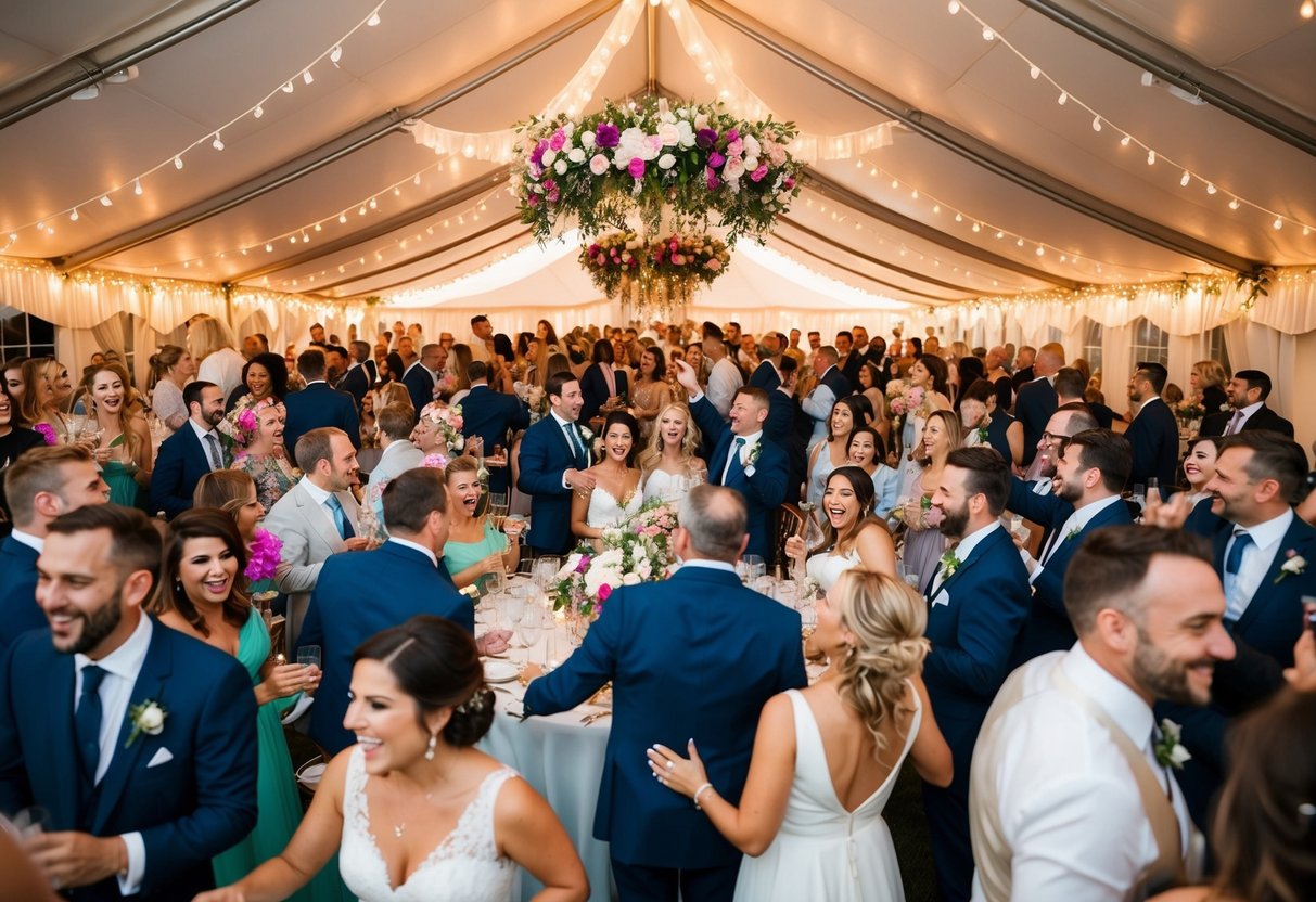 200 wedding guests celebrate under a grand tent, adorned with twinkling lights and vibrant flowers. The air is filled with laughter and music, creating a lively and joyous atmosphere