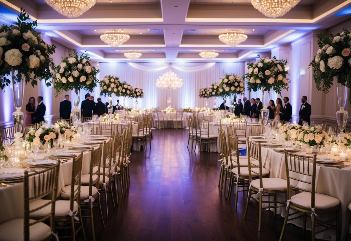 A grand wedding reception with rows of elegant tables and chairs set for 200 guests, adorned with beautiful floral centerpieces and twinkling lights