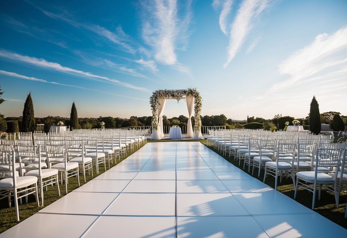 A grand outdoor wedding venue with rows of chairs, a decorated arch, and a spacious dance floor