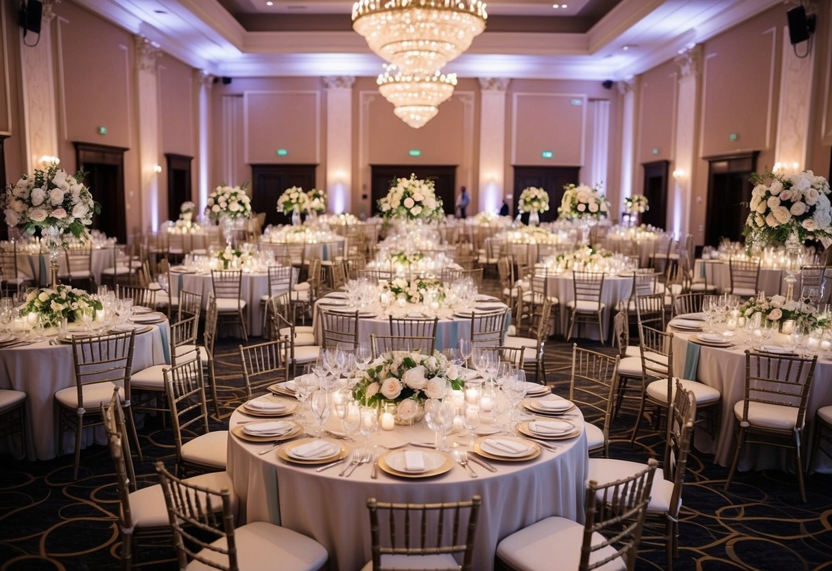 A grand banquet hall filled with elegantly set tables, adorned with floral centerpieces and sparkling tableware, ready for a lavish wedding celebration with 200 guests