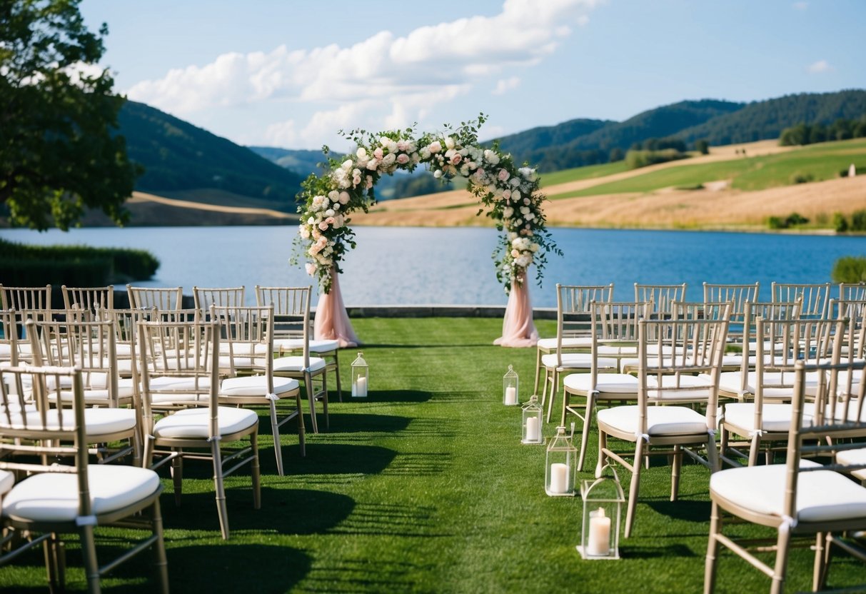 A beautiful outdoor wedding venue with rows of elegant chairs, a flower-adorned arch, and a stunning backdrop of rolling hills and a serene lake