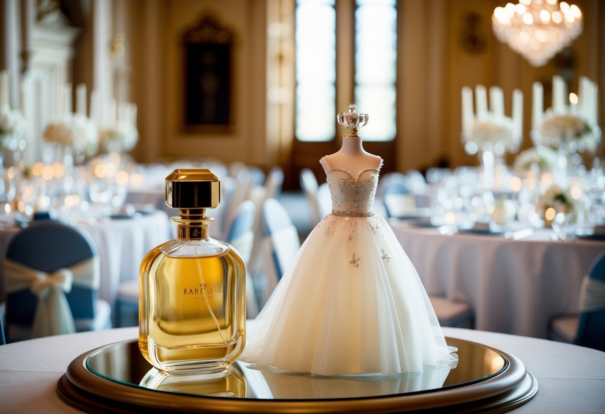 A royal wedding scene with a bottle of perfume and a wedding dress on a table