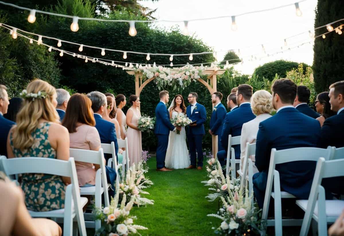 A small, intimate ceremony with a handful of guests in a cozy garden setting, adorned with fairy lights and delicate floral arrangements