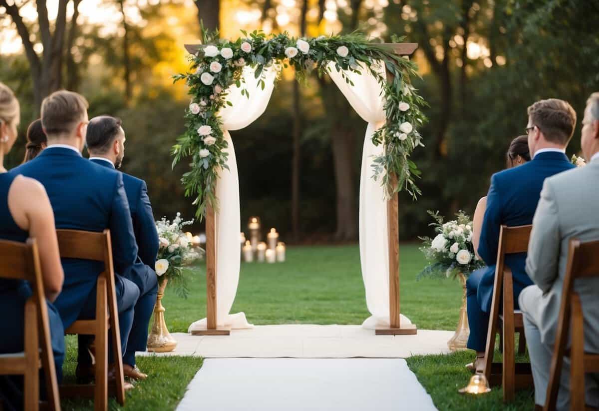 A small outdoor ceremony with a decorated arch, intimate seating, and soft lighting, creating a cozy and romantic atmosphere for a micro wedding