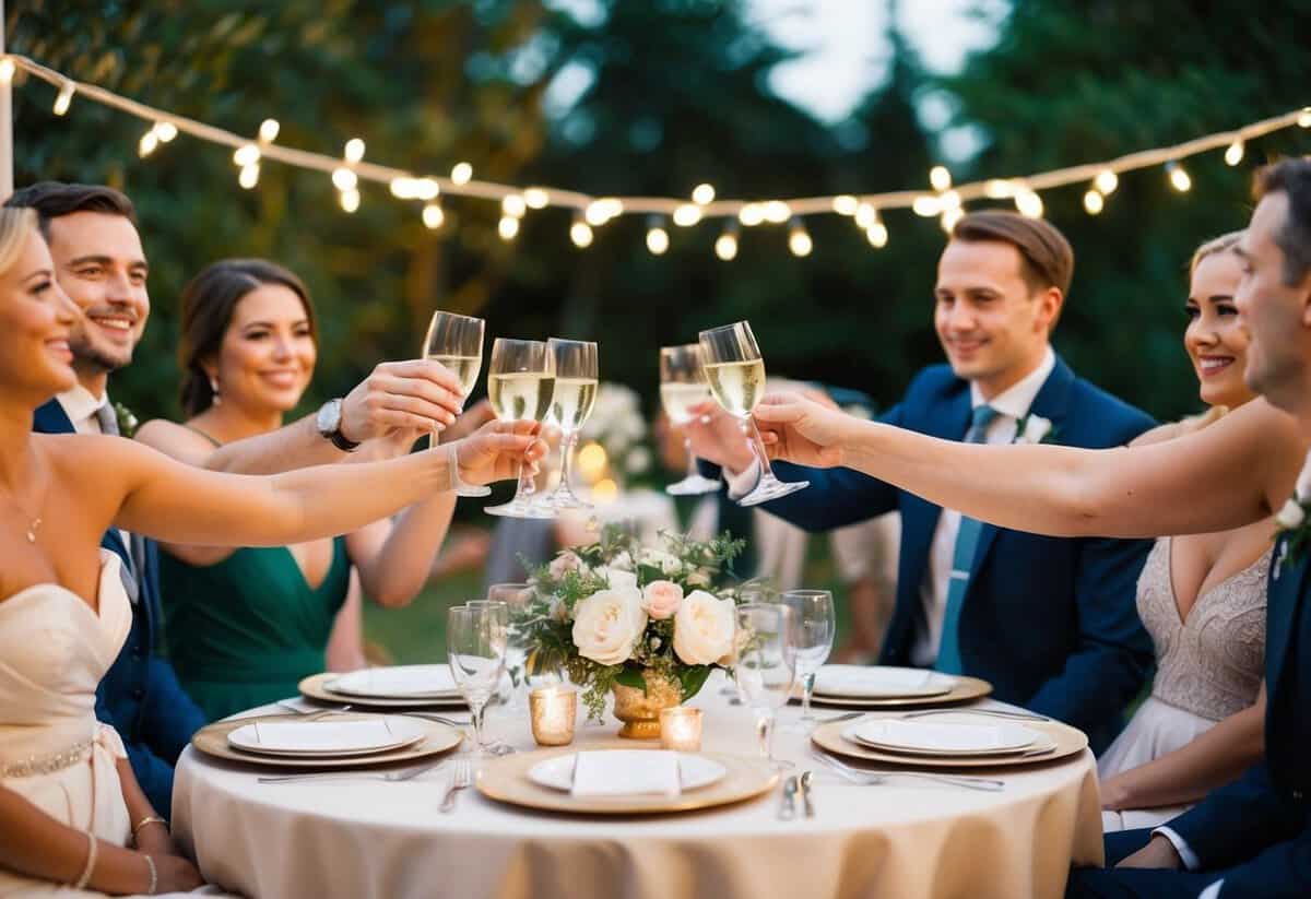 A small, elegant outdoor setting with a beautifully decorated table, twinkling lights, and a small group of people raising their glasses in celebration