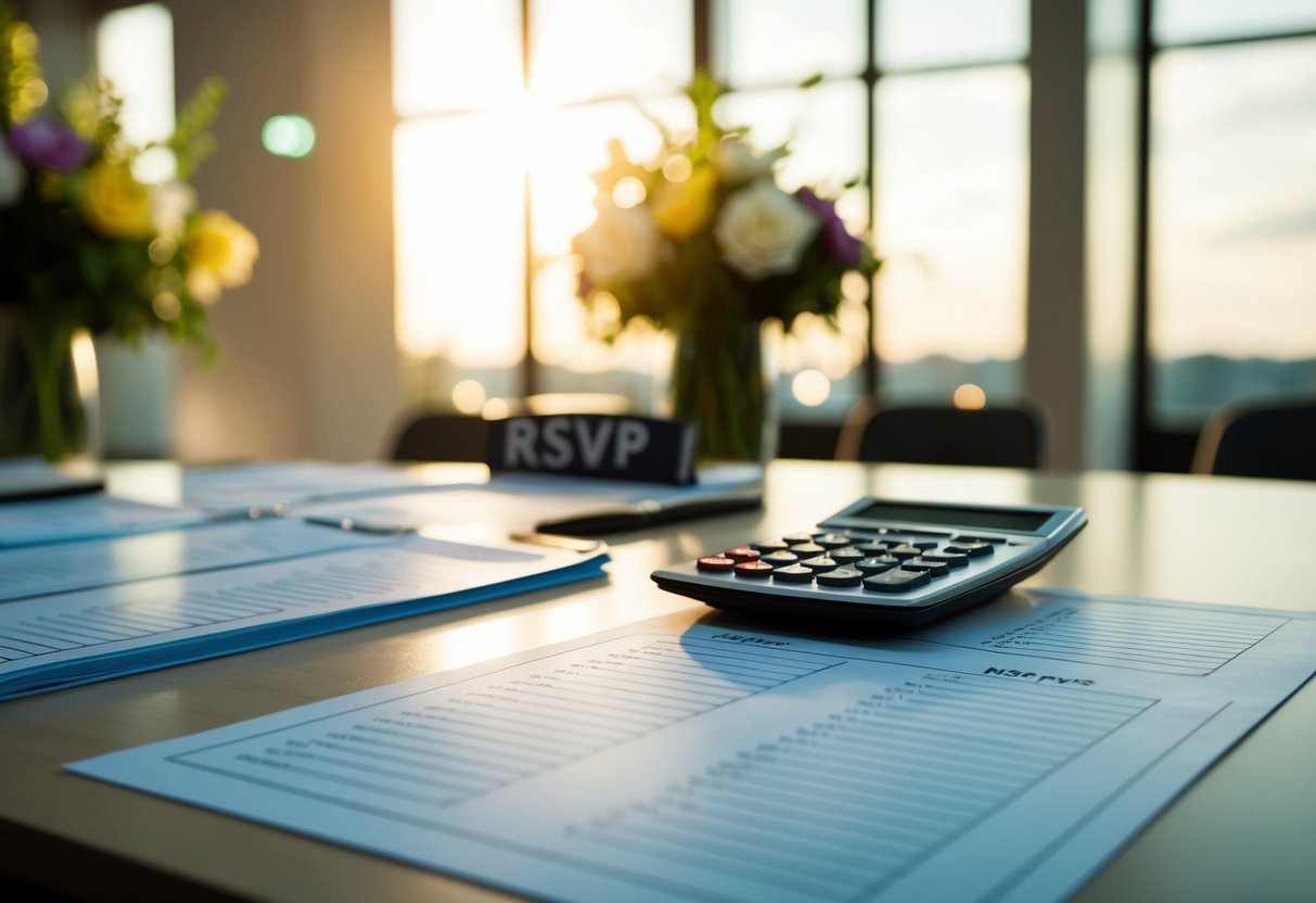 A table with seating charts, a list of RSVPs, and a calculator on a desk