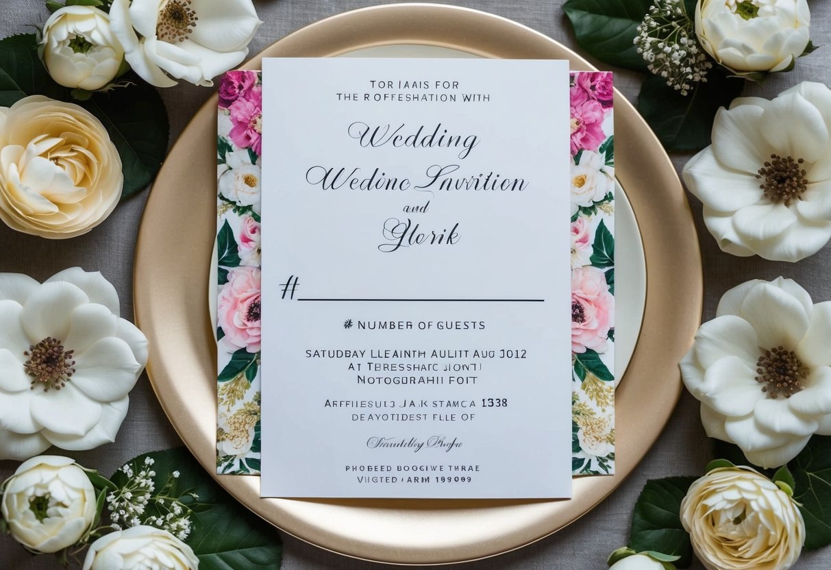 A wedding invitation with a blank line for the number of guests, surrounded by elegant floral designs and a formal font