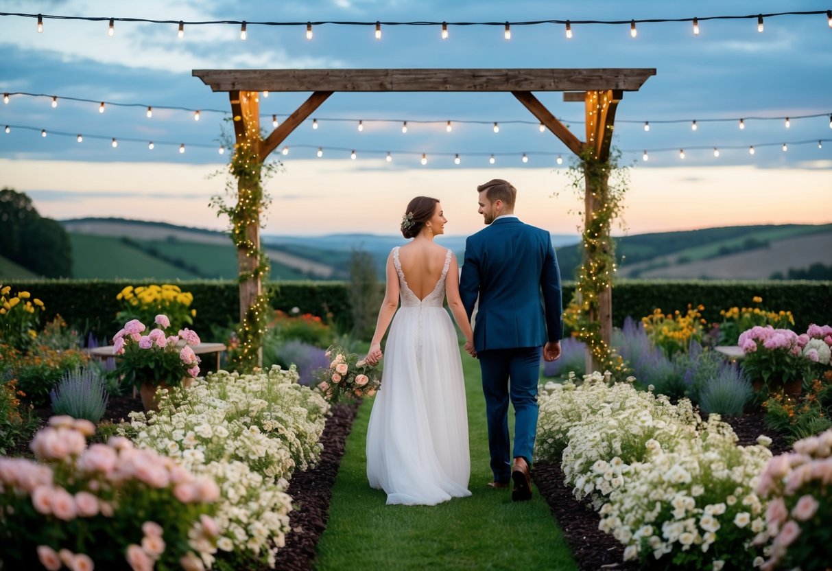 A couple walking through a flower-filled garden, surrounded by twinkling lights and a rustic wooden archway, with a view of rolling hills in the distance