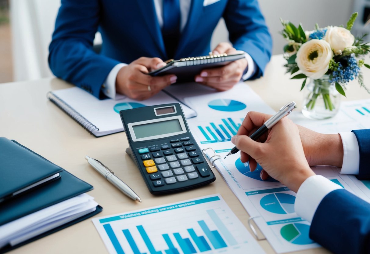 A wedding planner sits at a desk with a calculator, notebook, and pen, surrounded by diagrams and charts, calculating the number of guests for different types of weddings