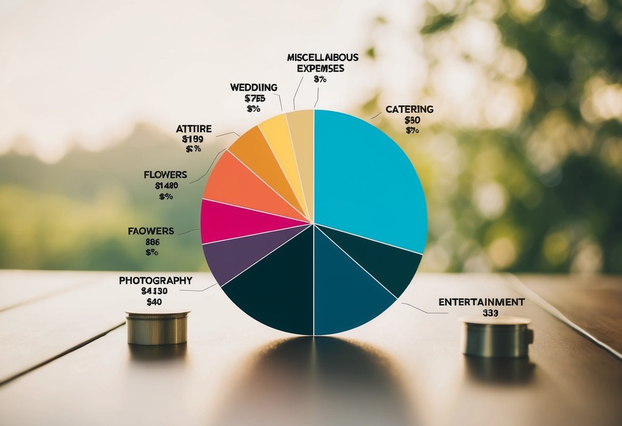 A wedding budget pie chart with slices for venue, catering, attire, flowers, photography, entertainment, and miscellaneous expenses