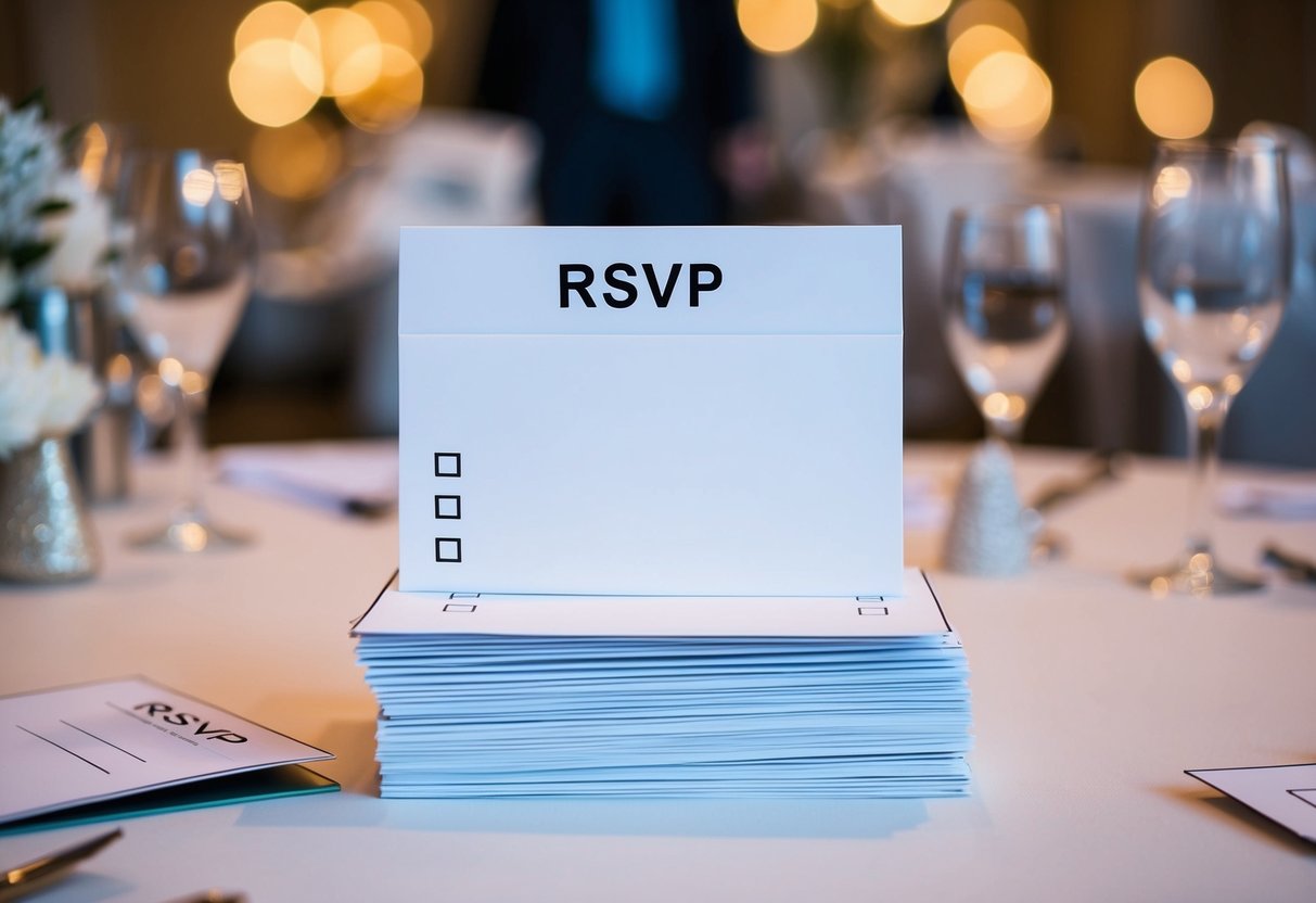 A table with a stack of RSVP cards, some marked with checkmarks and others left blank, surrounded by scattered event decor