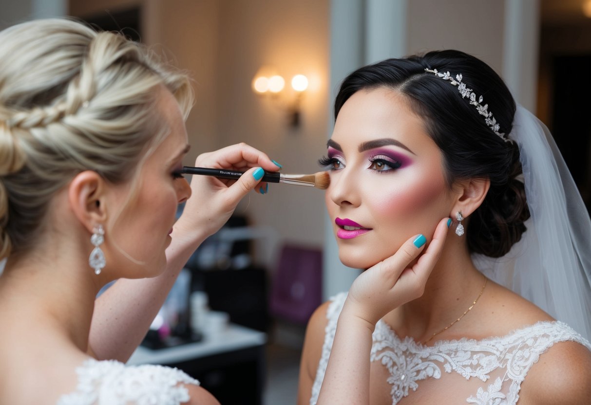 A makeup artist applies bridal makeup with soft, romantic colors. Event makeup features bold, dramatic shades for a more glamorous look