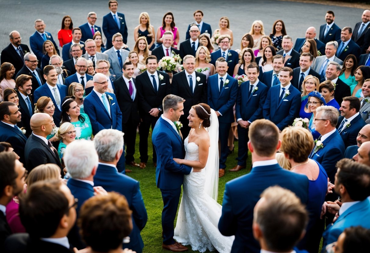 A bride and groom stand surrounded by a large group of people, struggling to fit everyone into the frame