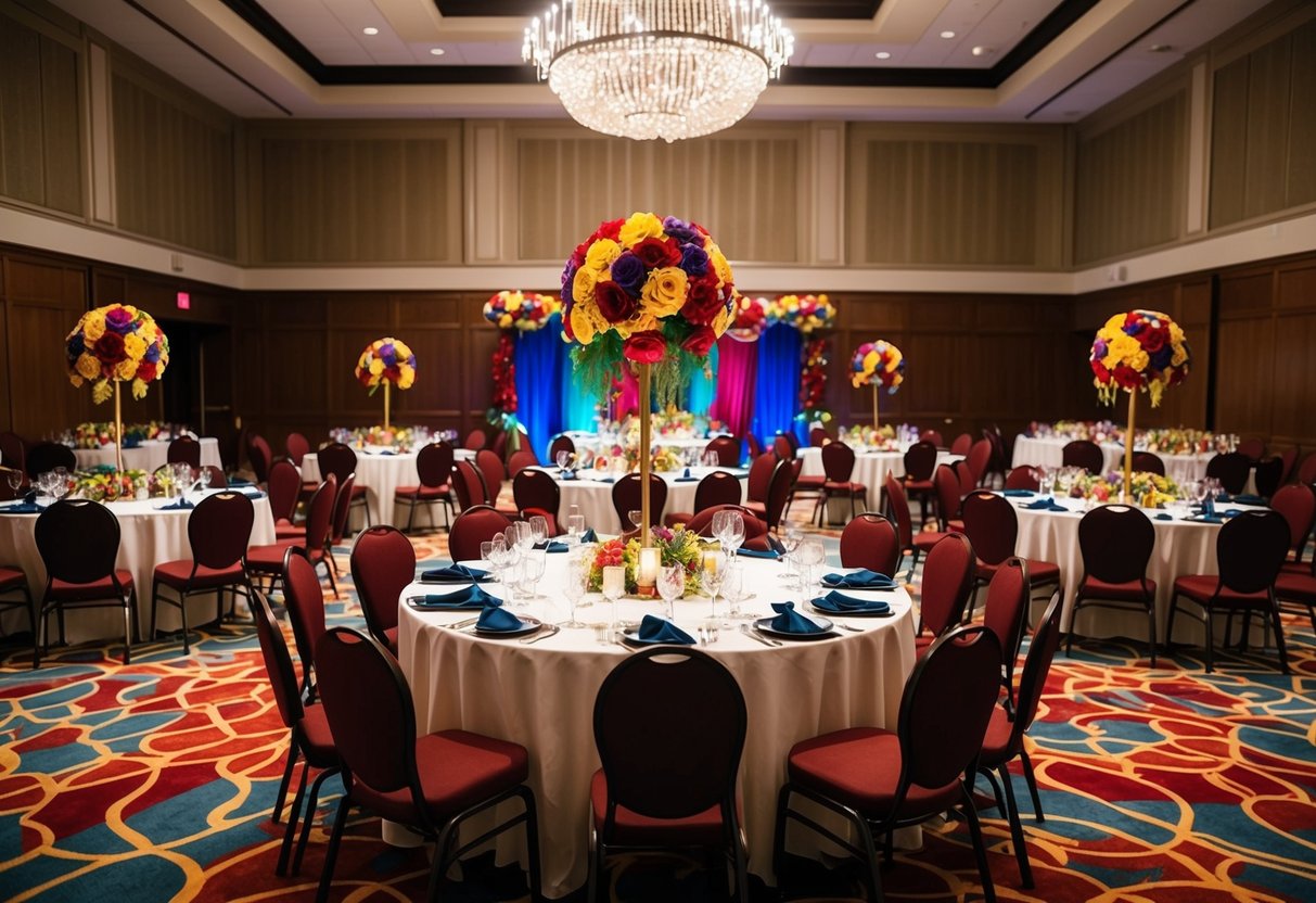 A festive banquet hall with colorful decorations and tables set for 100 guests