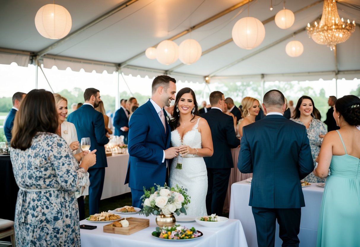 A wedding scene with guests mingling and vendors setting up their stations. The photographer is capturing candid moments