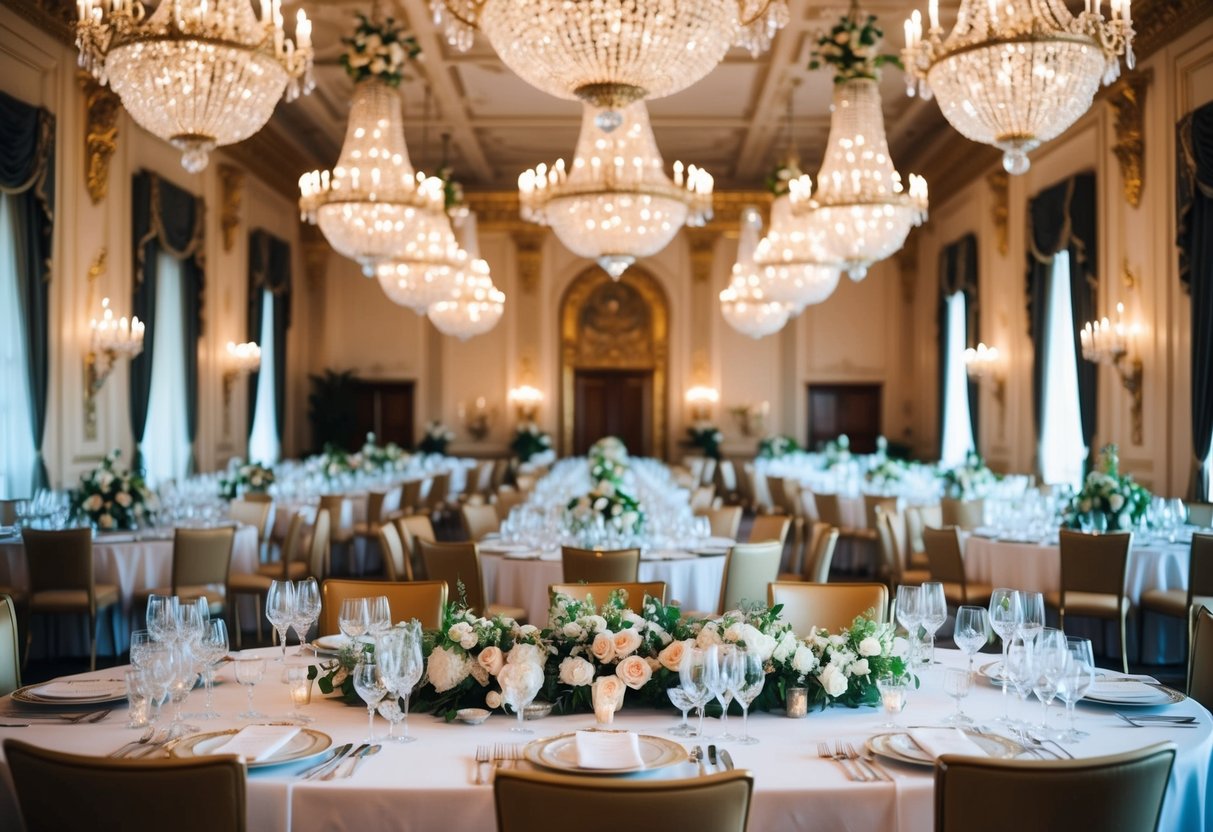 A grand ballroom with ornate chandeliers, lavish floral arrangements, and gilded decor. A long banquet table adorned with fine china, crystal glassware, and silver cutlery
