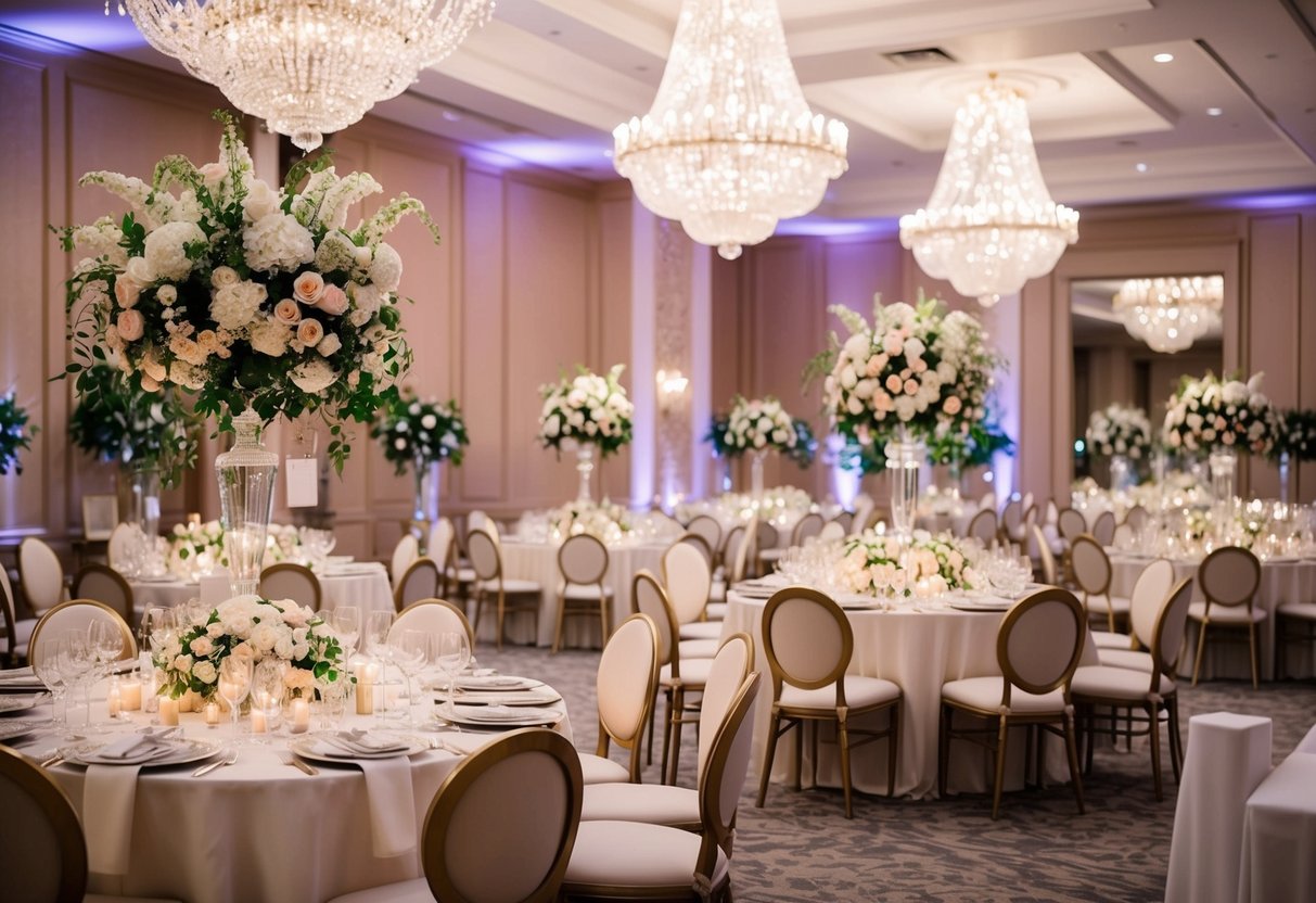 A lavish wedding reception with opulent floral arrangements, elegant table settings, and shimmering chandeliers