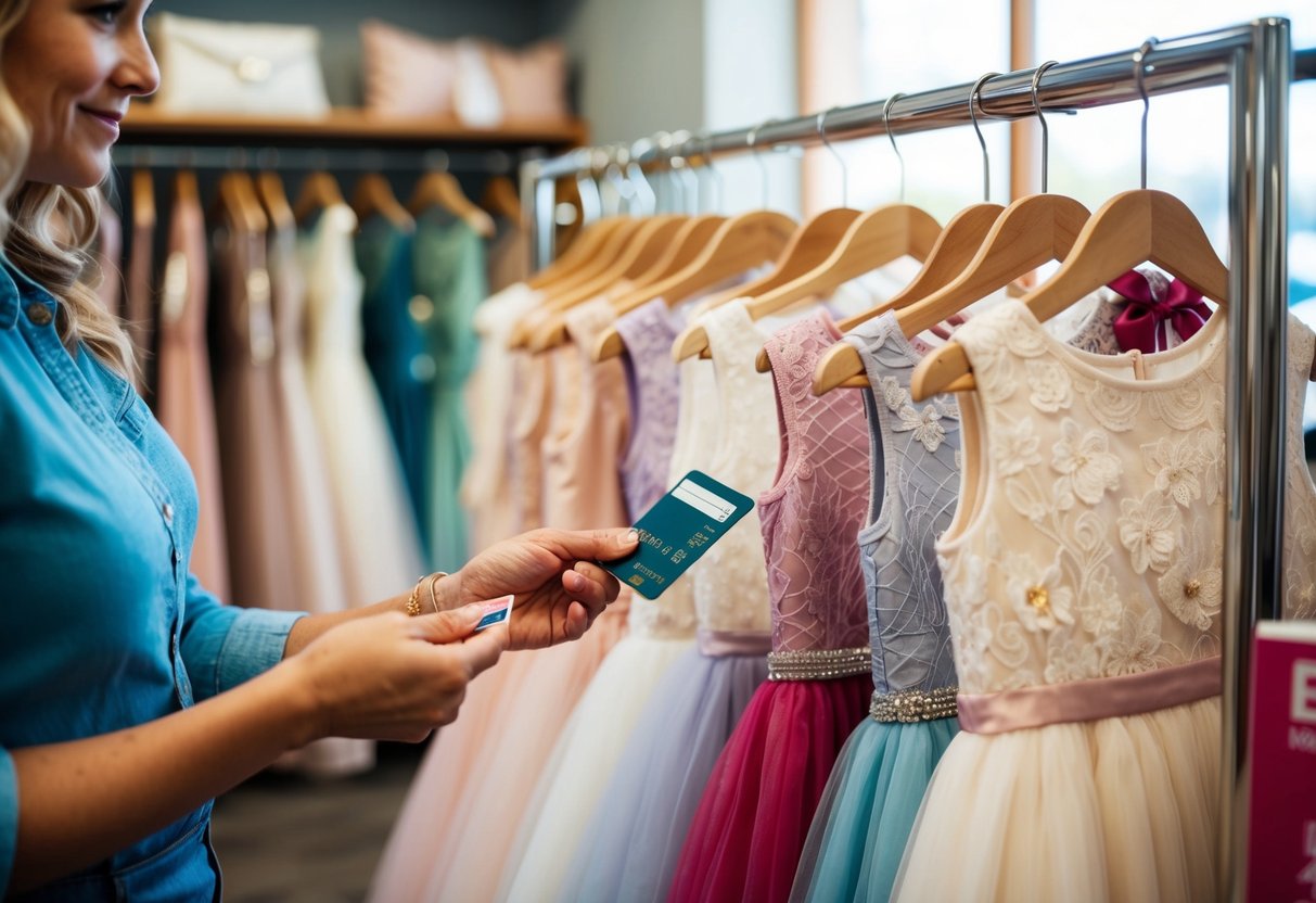 A parent holds a credit card while browsing through a rack of flower girl dresses in a boutique