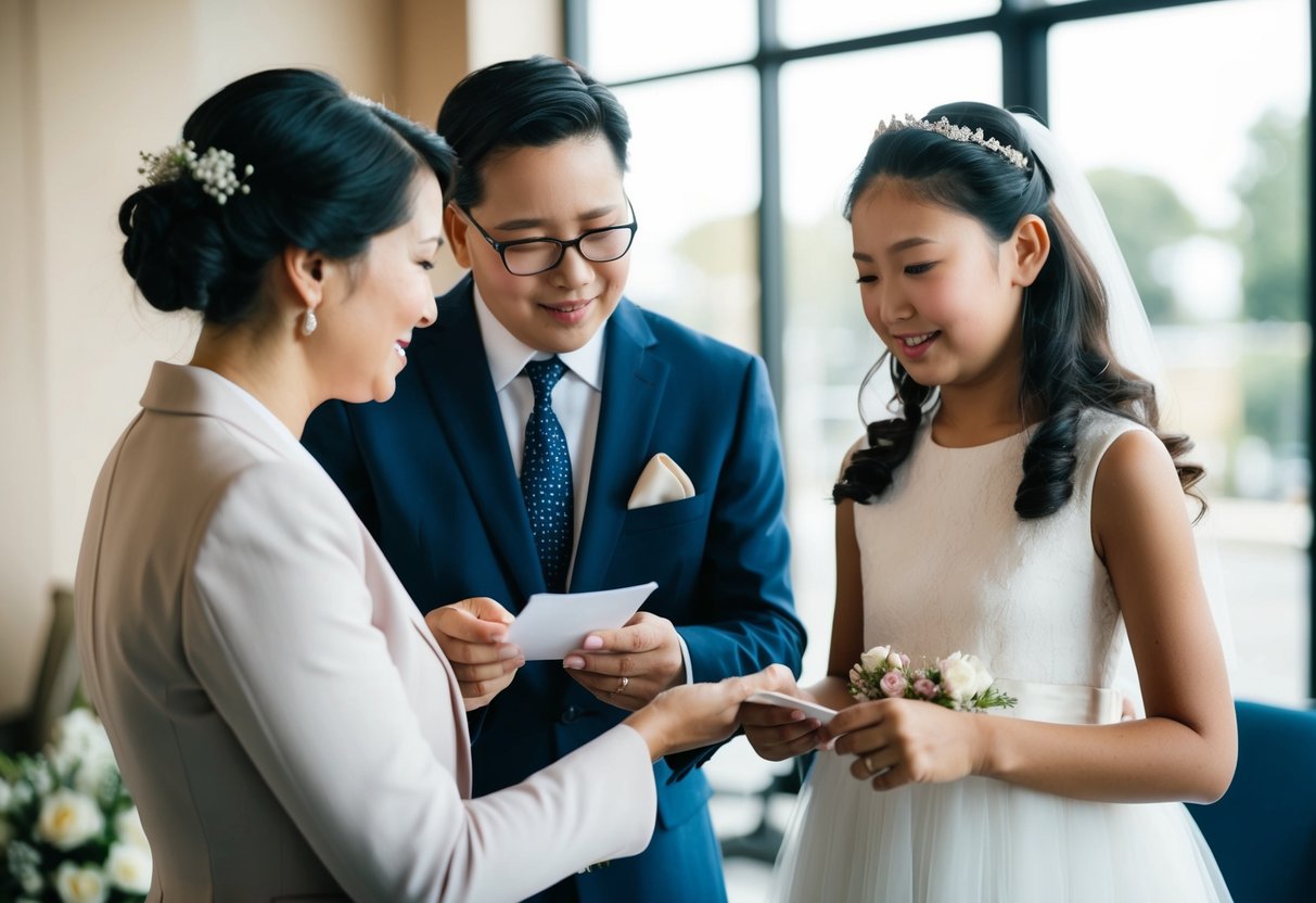 A parent and a wedding planner discussing payment for a flower girl dress