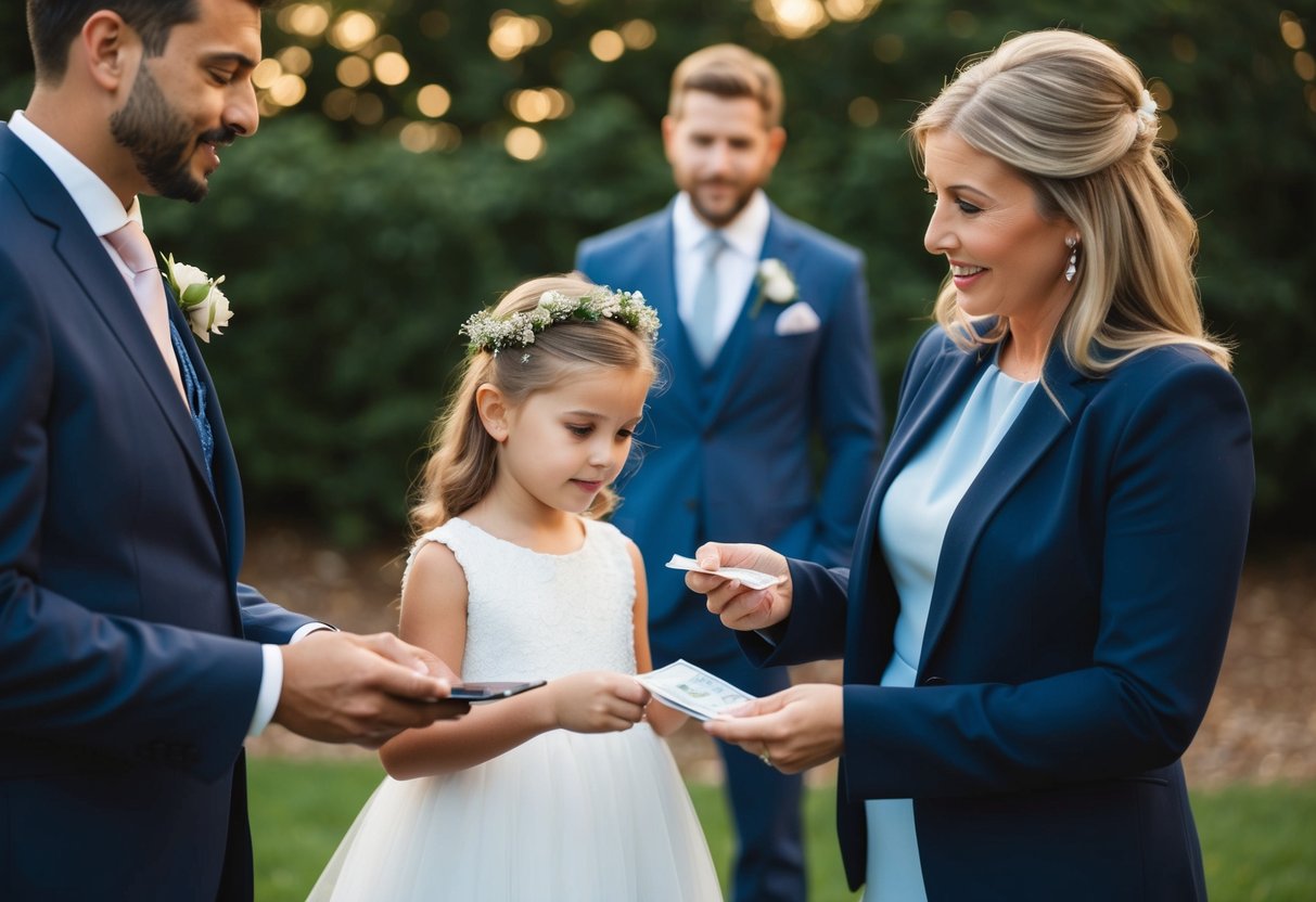 A parent and a wedding planner discussing payment for a flower girl dress