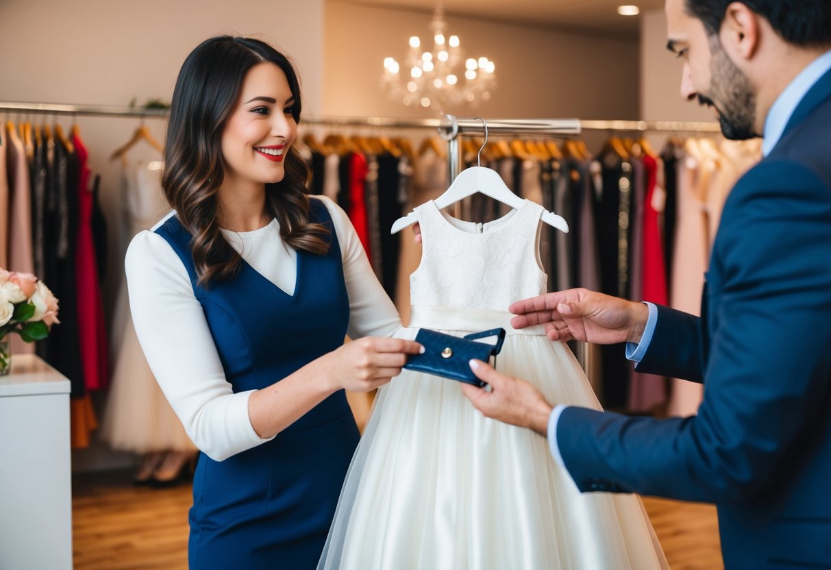 A woman holds a flower girl dress in a boutique, while a man reaches for his wallet