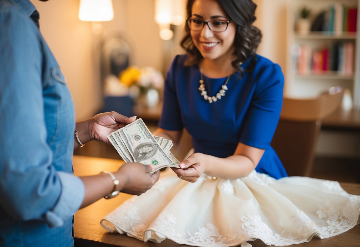 A parent hands over money to a seamstress for a flower girl dress