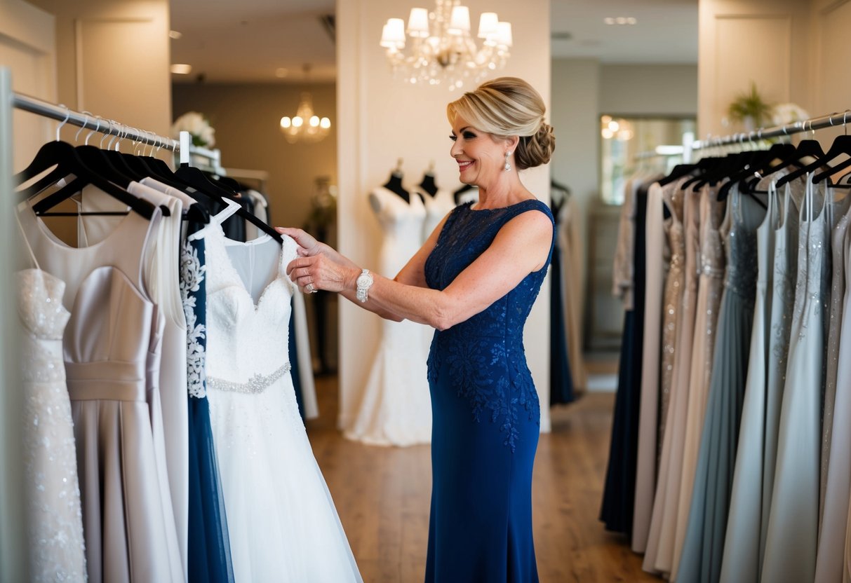 A well-dressed mother of the bride stands in a boutique, surrounded by elegant gowns and accessories. She carefully selects a dress that exudes sophistication and grace