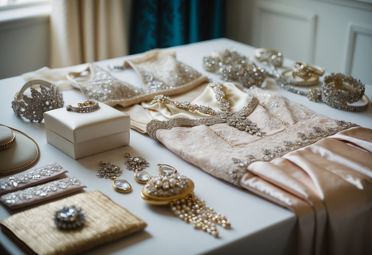 A beautifully adorned dress with elegant accessories laid out on a table, ready for the mother of the bride to try on
