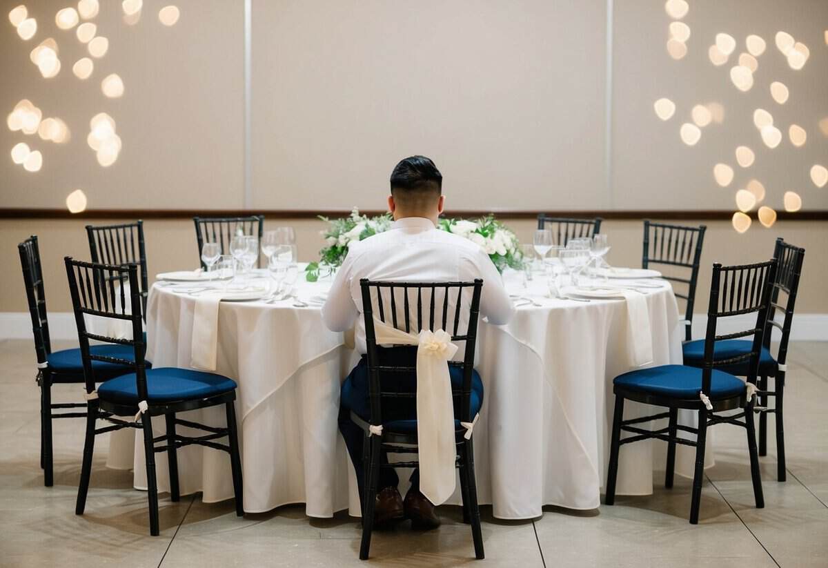 A single person sitting alone at a wedding reception table, surrounded by empty chairs and untouched place settings