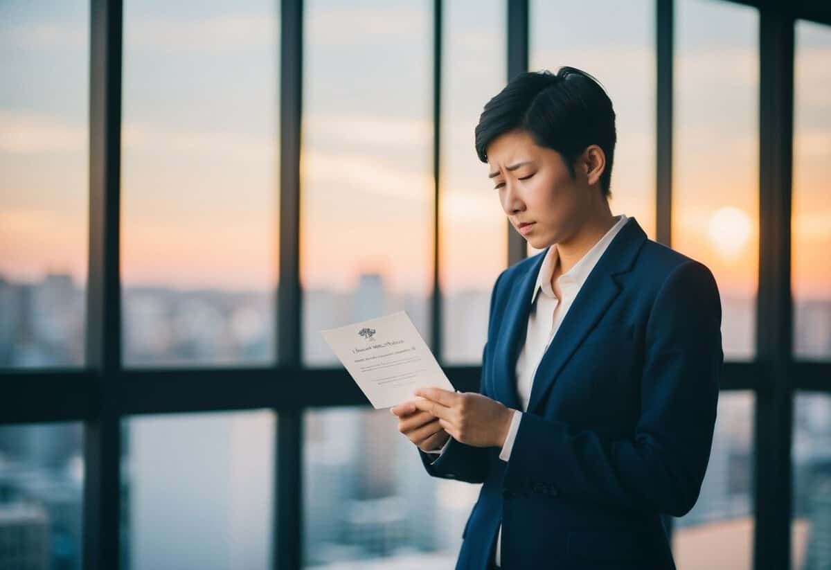 A person standing alone, looking at an invitation with a disappointed expression
