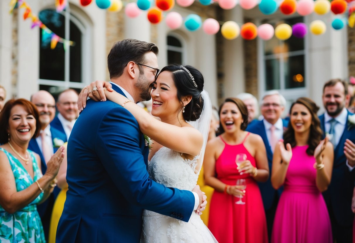 A wedding scene with two figures embracing, surrounded by joyful guests and vibrant decorations