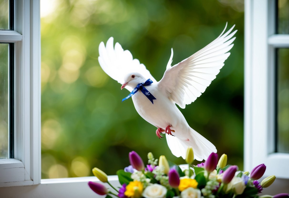 A white dove with a decorative ribbon tied around its neck flies in through an open window, landing gracefully on a floral centerpiece