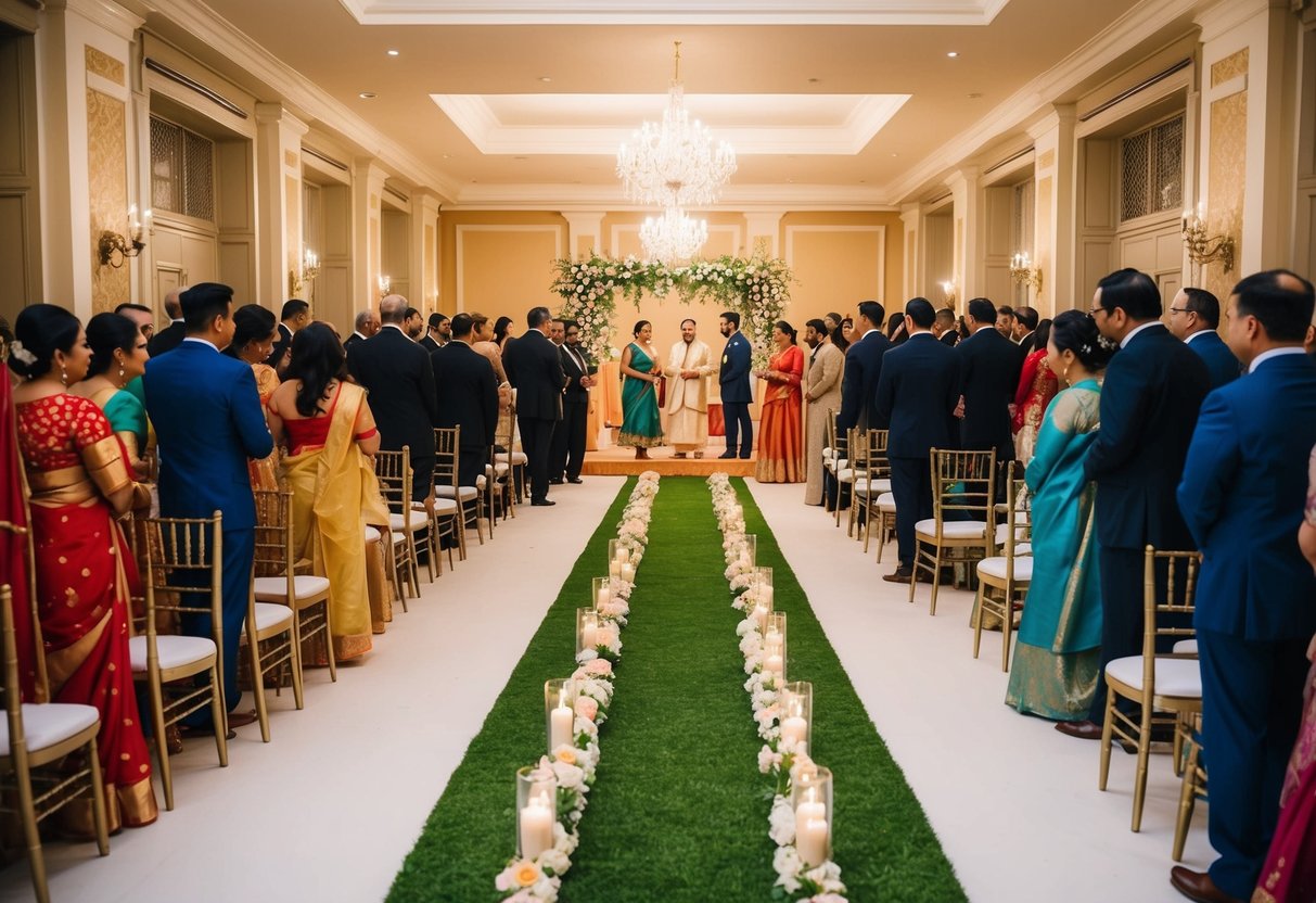 Guests gather in a decorated hall for pre-wedding events. A pathway leads to a ceremonial space, adorned with flowers and candles