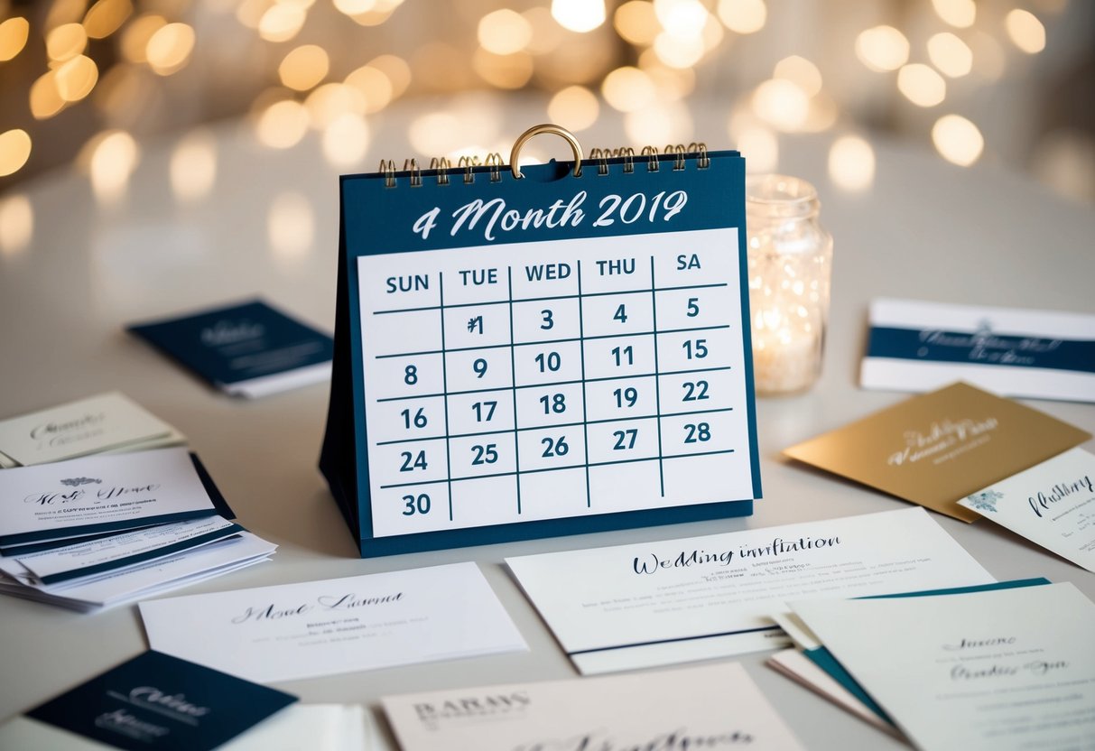 A calendar with a wedding date 4 months away, surrounded by various wedding invitation samples and design sketches