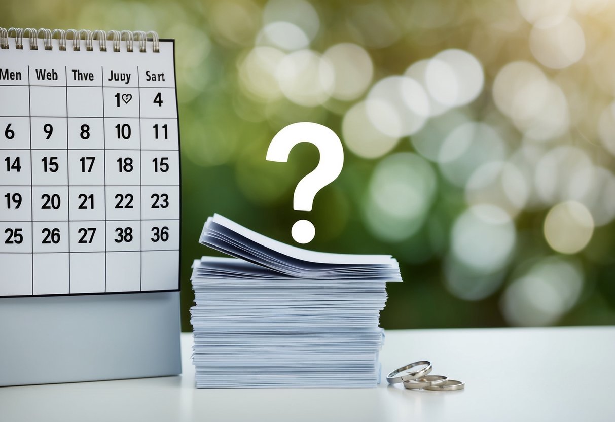 A calendar with the months of the year, a stack of wedding invitations, and a question mark hovering over the month of 4 months prior to the wedding date