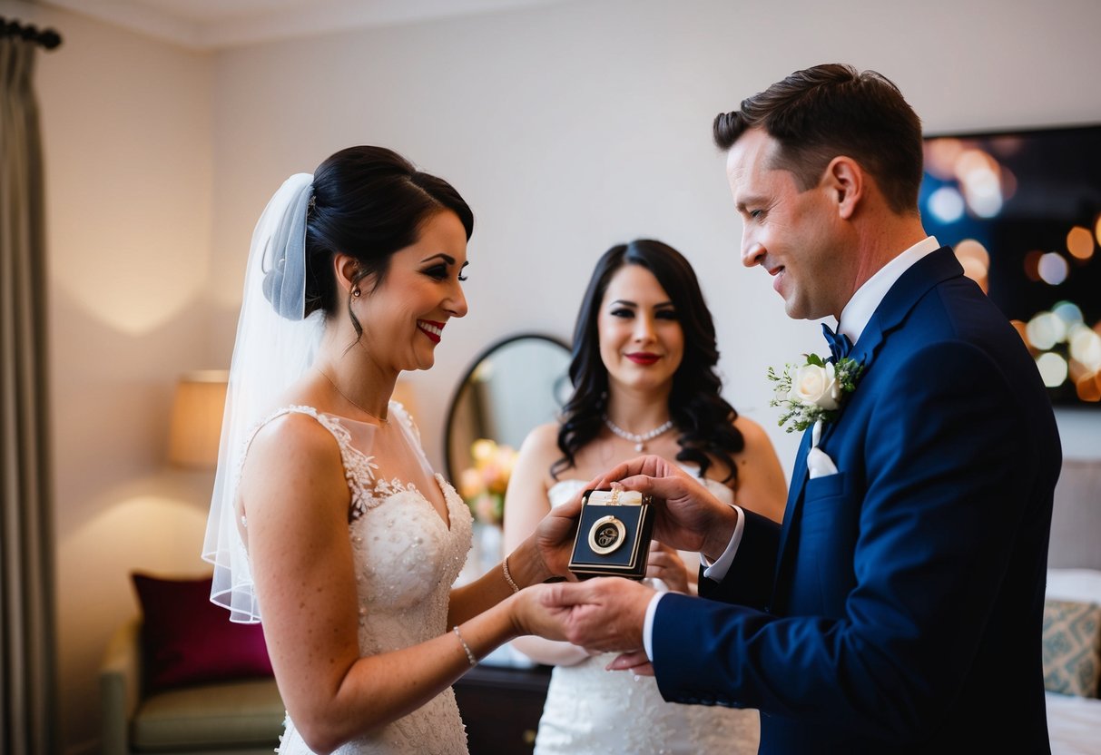 A close friend presents the bride with a borrowed item