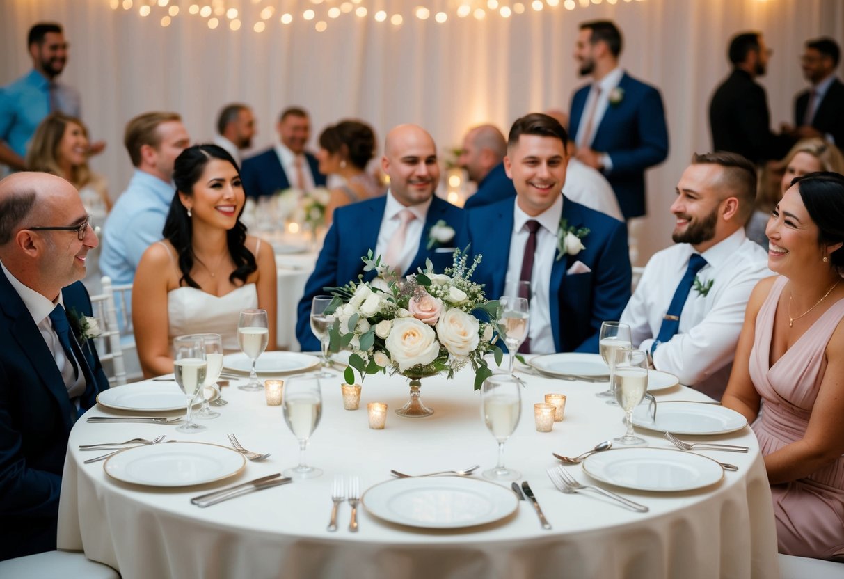 A table set for a wedding reception with one empty seat and place setting, surrounded by happy, chatting guests
