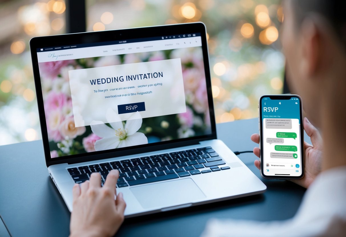 A laptop displaying a wedding invitation website, with a cursor clicking the "RSVP" button. A smartphone sits nearby, showing a text message conversation about the online RSVP