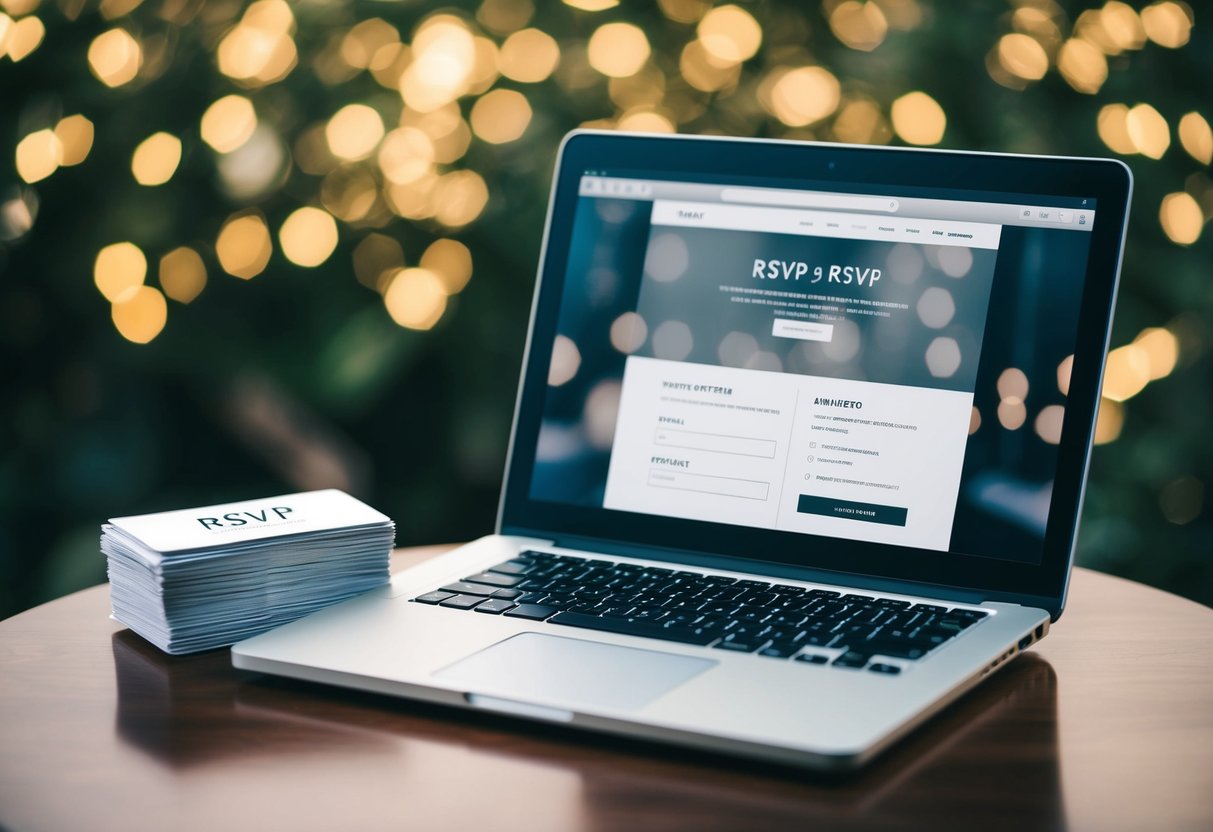 A laptop displaying a wedding website with an RSVP section. A stack of traditional RSVP cards next to it