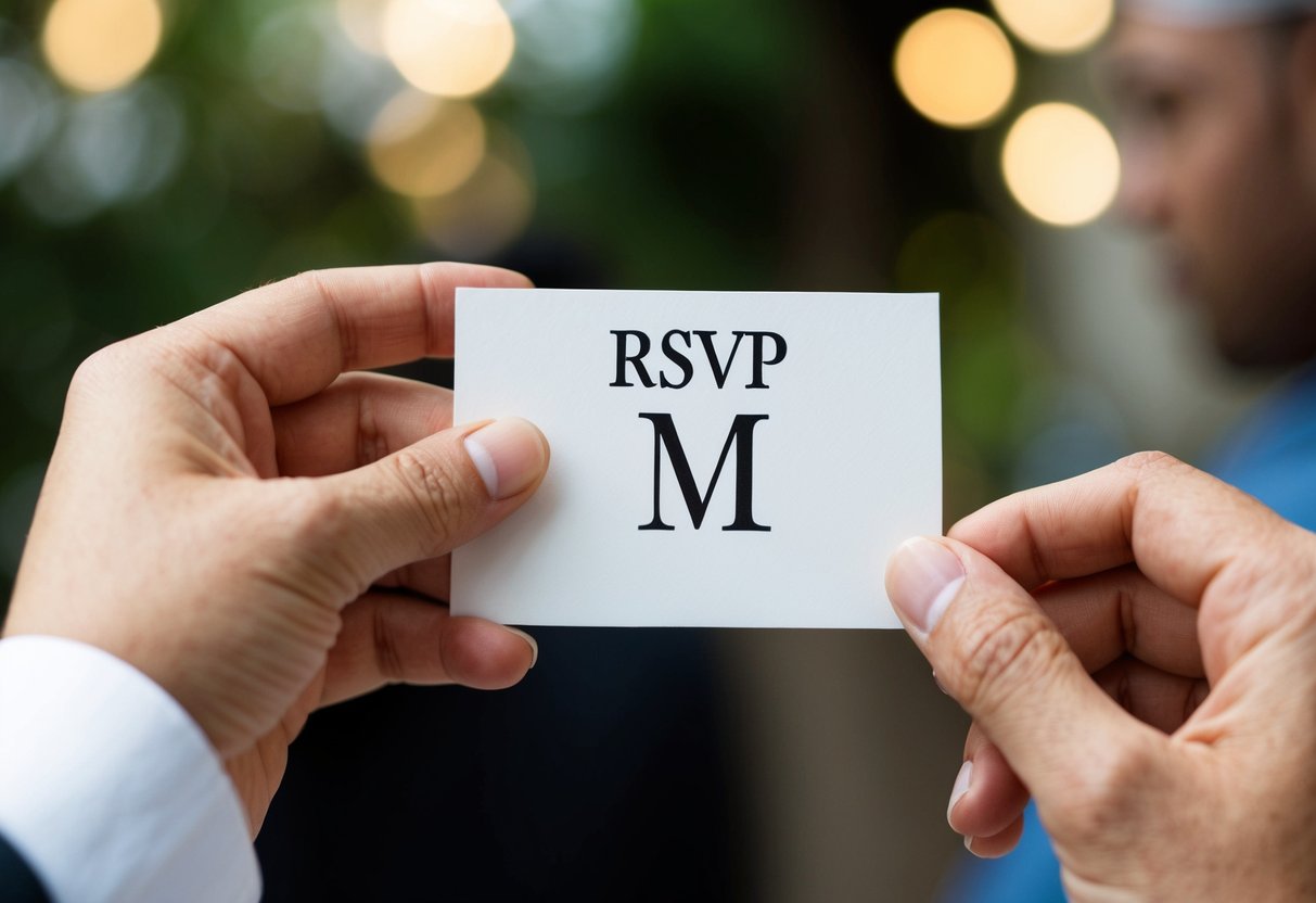 A hand holding an RSVP card with a stamped "M" in the designated space