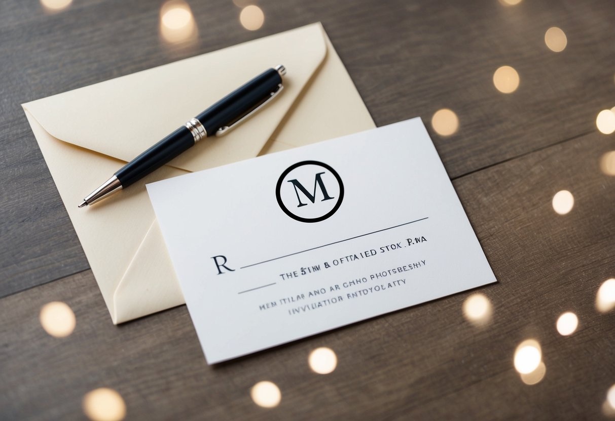 A wedding invitation with a blank RSVP card and envelope, with a pen resting on top. The "M" is circled on the RSVP card