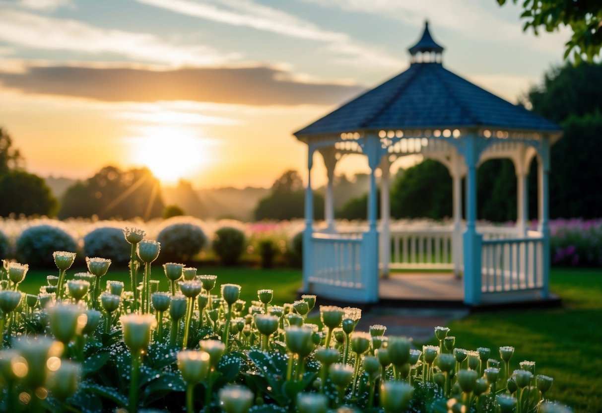 A serene sunrise over a garden with dew-covered flowers and a softly lit gazebo