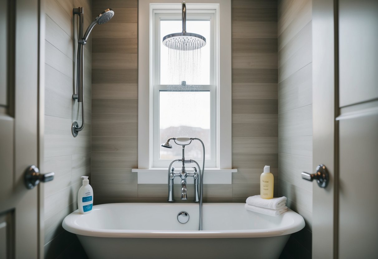 A bathroom with a shower head above a bathtub, with a bottle of shampoo and a towel nearby